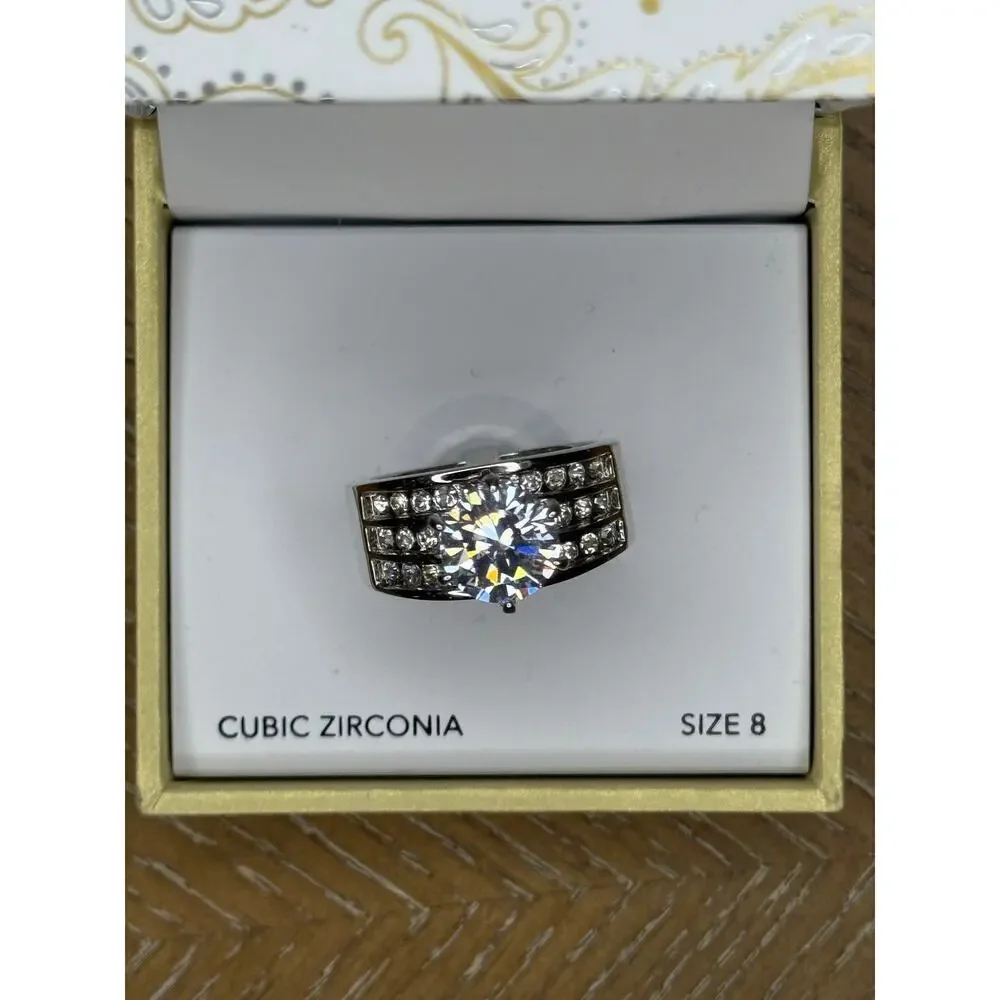 Charter Club Crystal Triple-Row Ring Silver Plate Size 8 | NWT